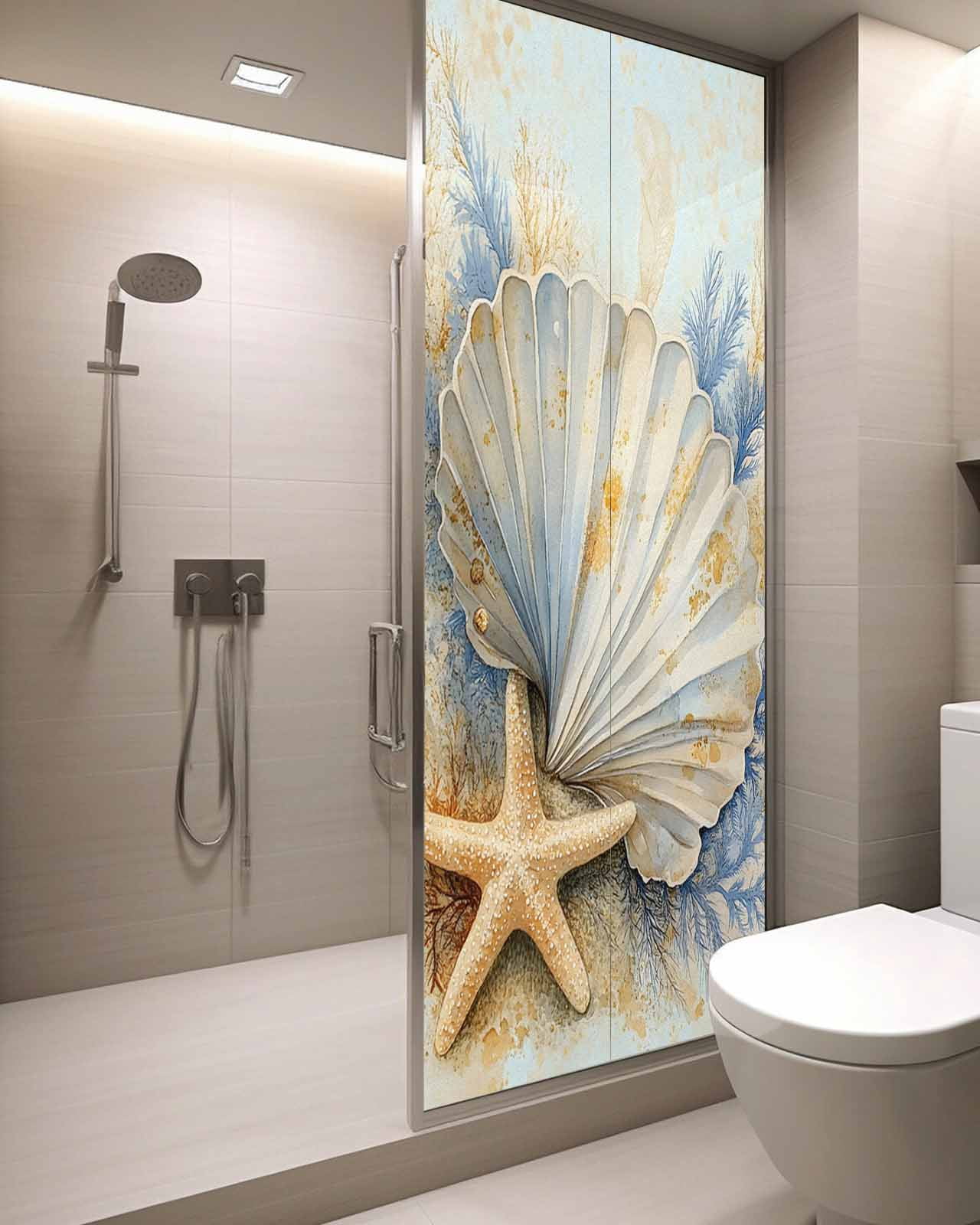 Window Privacy Film Coastal Shell Stained Glass Window Film Decorative Sun Block Window Cover Starfish Summer Beach Nautical Ocean Window Clings Static Adhesive Sticker for Bathroom 29.5"x78.7"