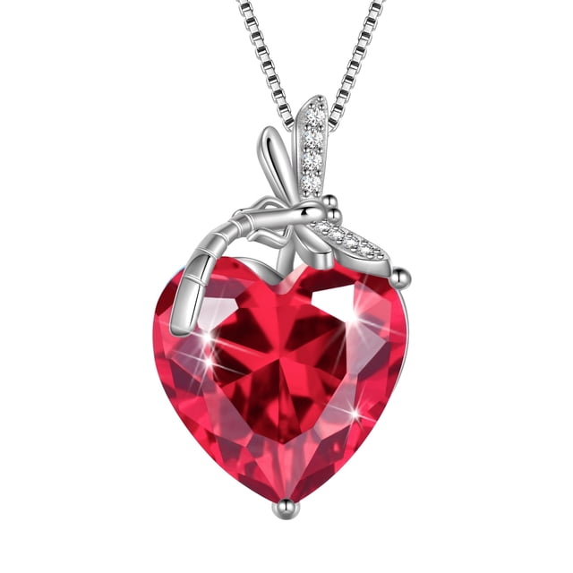 Juwaliy Collar de Libélula Corazón Collar de Piedra de Nacimiento de Julio Rojo Rubí Dije de Plata Esterlina 925 Joyería Regalos para Mujeres Boda Cumpleaños Navidad Día de la Madre