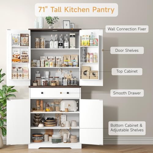 71" Tall Farmhouse Kitchen Pantry Cabinet with 6 Door Shelves & Drawer, Wood Pantry Storage Cabinet with 2 Adjustable Shelves & 4 Barn Doors, Freestanding Cupboard for Kitchen, Dining Room