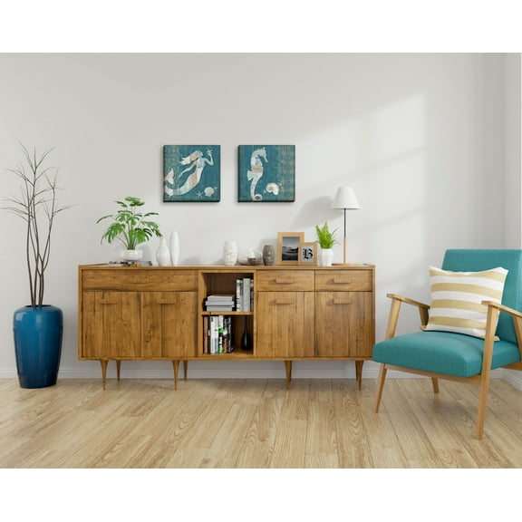 Gango Home Decor Coastal Distressed Beach Decor | Teal, Brown & Cream Mermaid & Seahorse Nautical; Two 12x12in Hand-Stretched Canvases