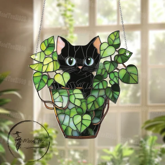 Black Cat Plant Pot Acrylic Suncatcher Window Hanging Cozy Home Decor
