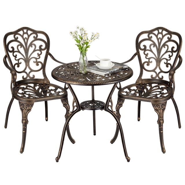 Ensemble Bistro d'Extérieur en Aluminium Coulé Résistant à la Rouille – Table et Chaises de Patio 3 Pcs avec Trou pour Parasol – Résistant aux Intempéries, Design Vintage pour Jardin, Balcon, Véranda – Fini Bronze