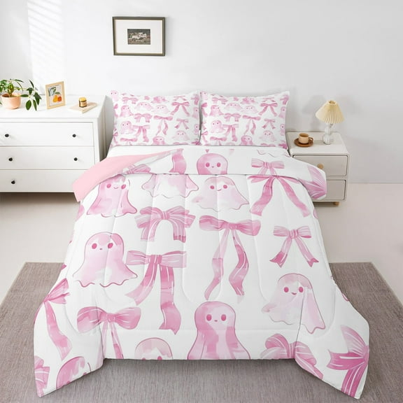 jejeloiu Cute Bowknot Bow Bedding Comforter Set,Cartoon Halloween Ghost Twin Comforter Sets,Pink White Ombre Bedding Set For Girls,Super Cozy Bedroom Decor Reversible,2pcs