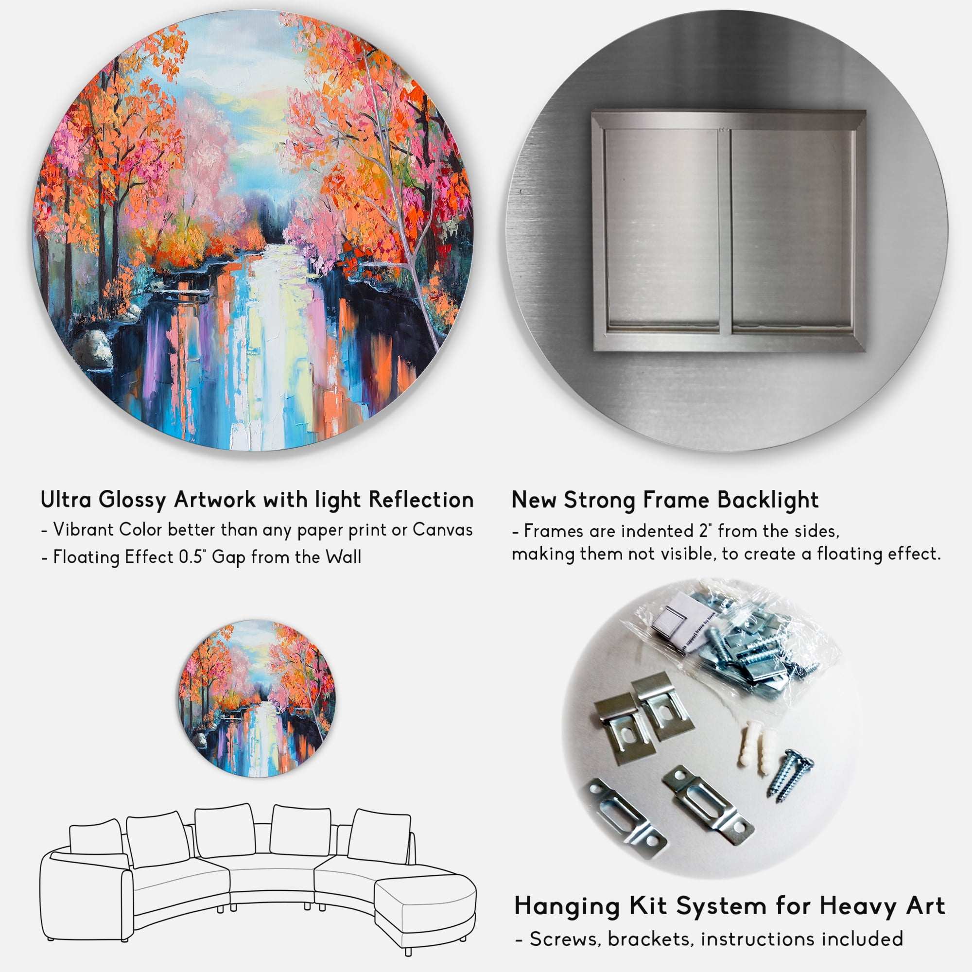Designart 'The River Through Orange Autumn Forest' Lake House Circle Metal Wall Art 36x36 - Disc of 36
