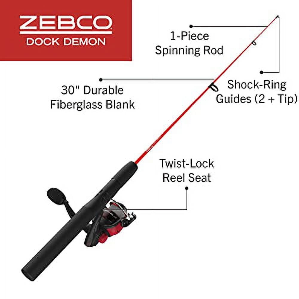 Zebco Dock Demon Spinning Reel and Fishing Rod Combo, 30-inch 1-Piece  Fiberglass Fishing Pole, EVA Rod Handle, Size 10 Reel, Powertrain Drag,  Pre-Spooled with 6-Pound Zebco Line, Red 