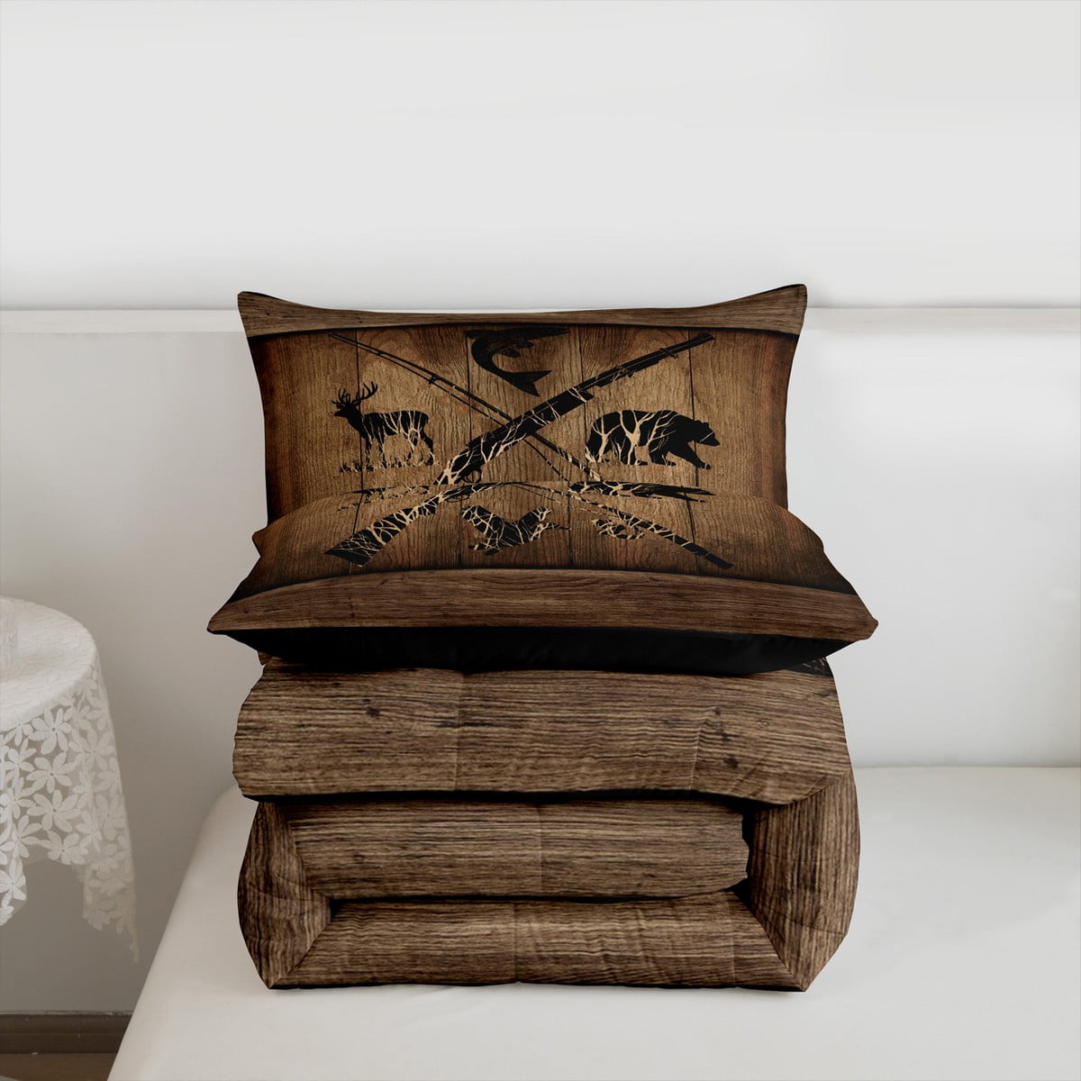 Rustic Farmhouse Bedding Sets Retro Camo Cabin Lodge Comforter Set Queen Hunting And Fishing Bedding Comforter Sets Adults Men Wildlife Bear Deer Fish Duck Quilt Set 3 Pcs