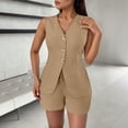 thumbnail image 3 of Short Sets for Women Sleeveless Tie Back V Neck Button Cardigan Vest and Shorts 2 Piece Matching Set Work Sets, 3 of 6