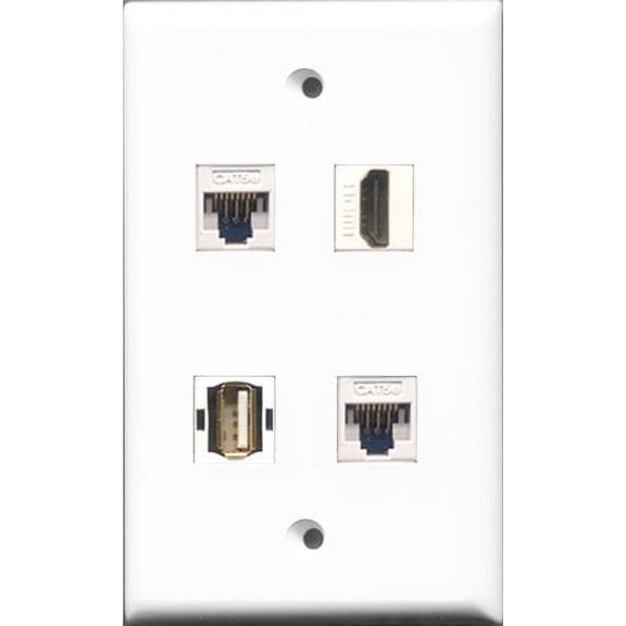 RiteAV 1 Port HDMI and 1 Port USB A-A 2 Port Cat5e Ethernet White Wall Plate