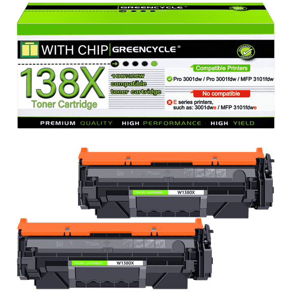 GREENCYCLE 2 Pack Compatible for 138X W1380X 138A W1380A Black Toner Cartridge Replacement with Laserjet Pro 3001dw 3001fdw MFP 3101fdw Series Printer