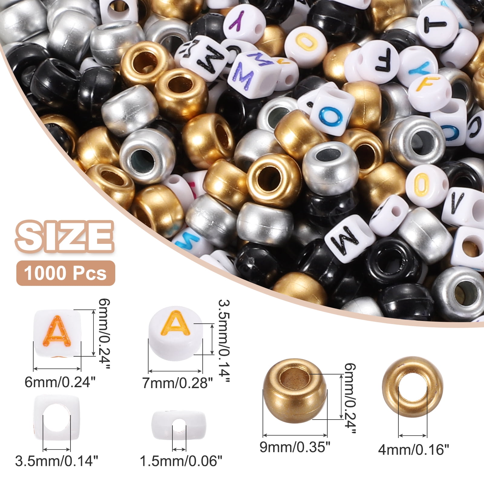 Uxcell 1000 Pcs Pony Beads 6 x 9 mm Acrylic Friendship Bracelet Making Kit with Letter Bead, Gold/Silver