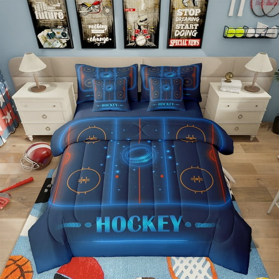 7 Piece Ice Hockey Bed in a Bag Twin Size Sports Bedding Sets Teen Ice Hockey Field Print Comforter Set with Sheets Winter Sports Themed Bed Set Geometry Stripes Sheets