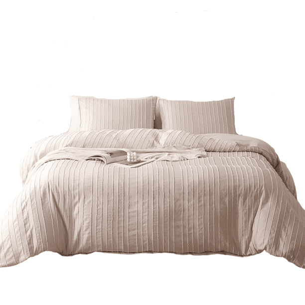 Boho Washed Microfiber Beige Duvet Cover Set Striped Textured Duvet