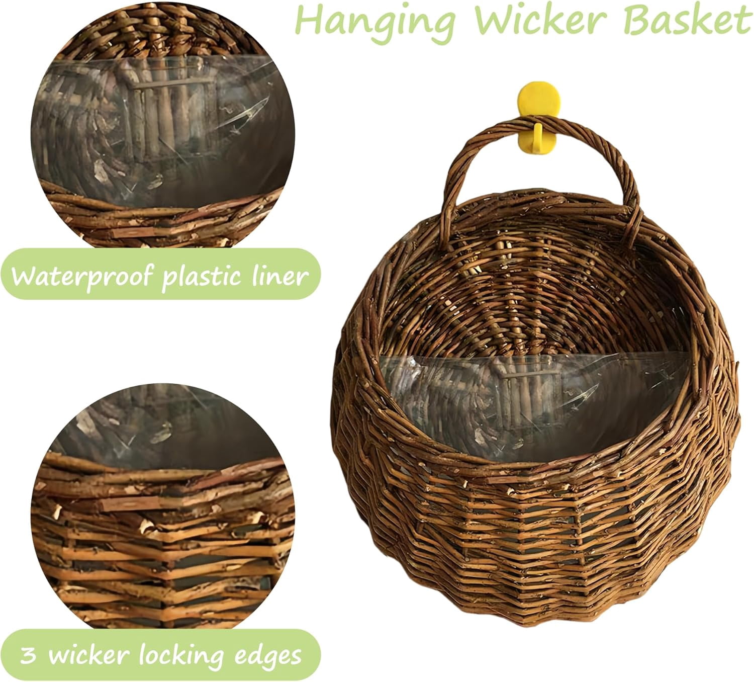 Wall Hanging Woven Baskets: Hanging Wall Basket, Hanging Planter, 2Pcs Waterproof Wicker Baskets with Handle, for Flowers Plants Outdoor Front Door Home Garden, Hanging Wicker Basket