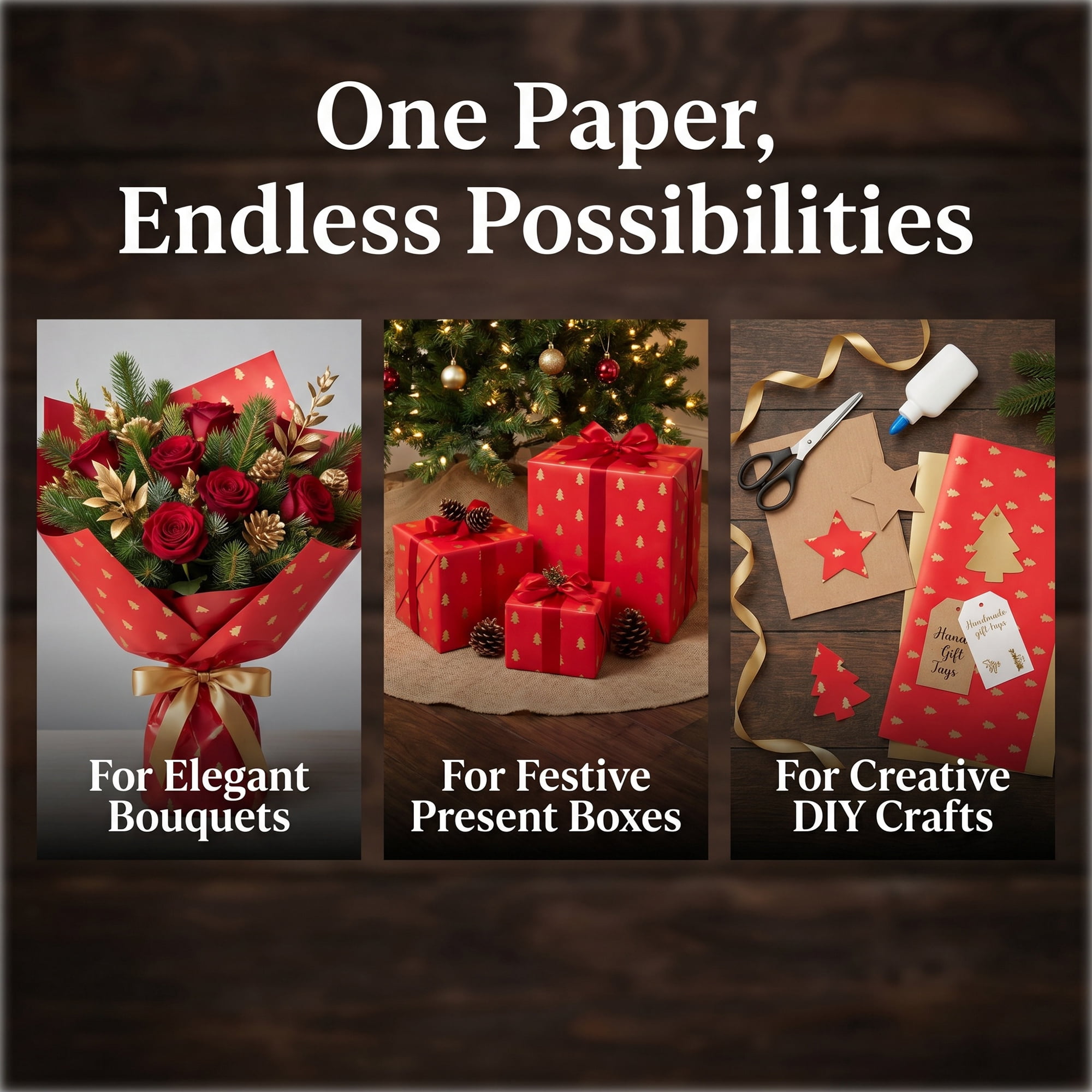 Unique Bargains Waterproof Matte Gift Wrap Paper for Bouquets Red Trees 22"x 22"