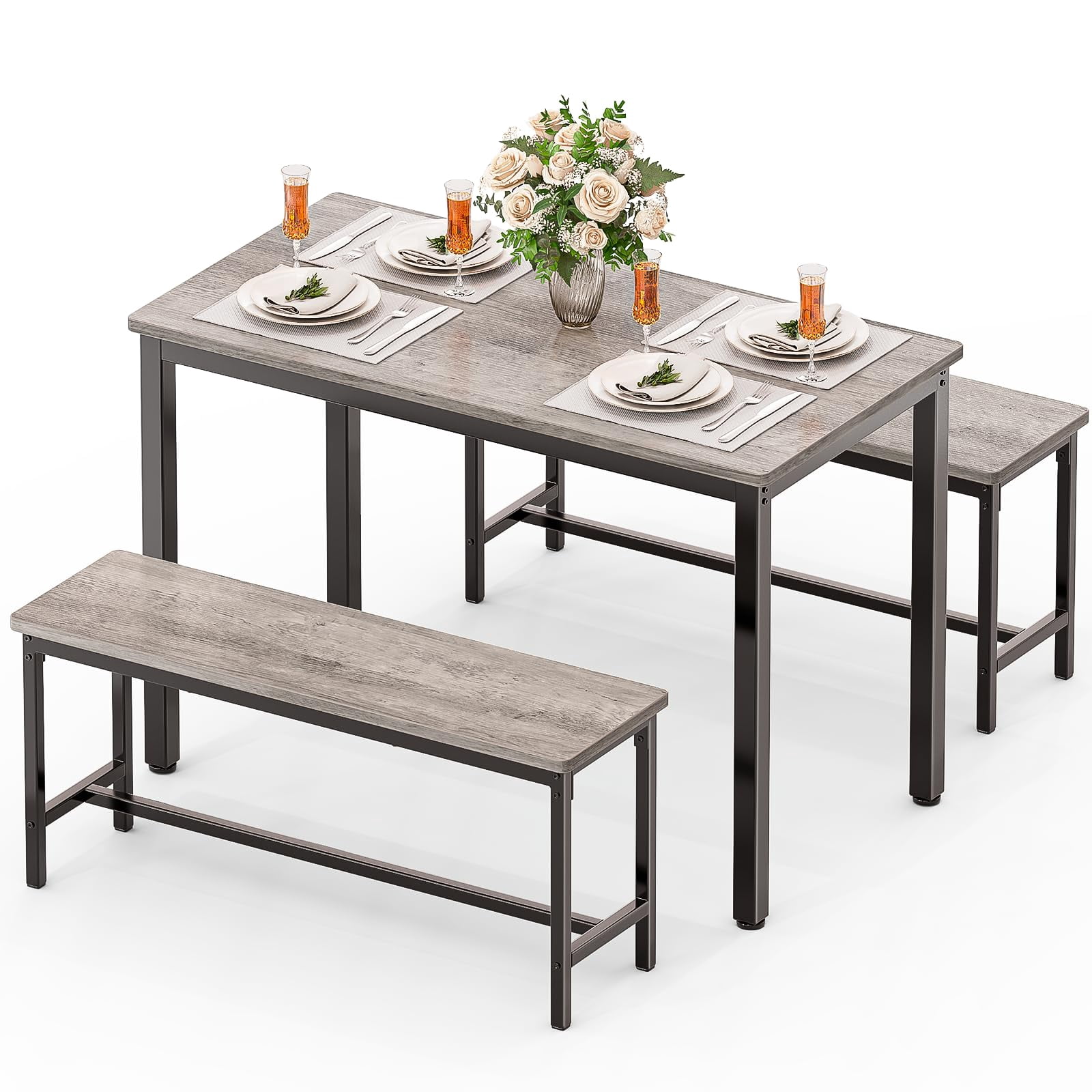 3 Piece Dining Room Table, Kitchen Dining Table Set with 2 Benchs for Apartment Breakfast Nook and Samll Space, Grey
