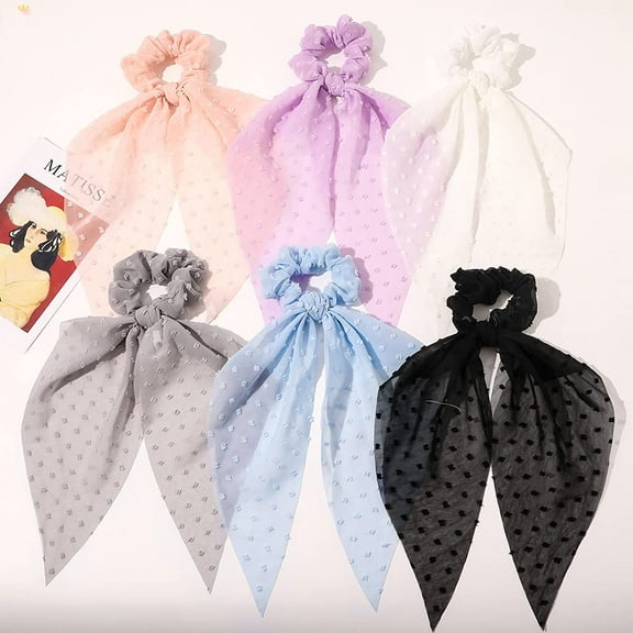 Long Hair Scarf Scrunchies Satin Silk Hair Ribbon Bow Scrunchies for Women Girls, Black Bowknot Hair Ties Bands 6Pcs Elastics Ponytail Holder (6 Pcs Donut Hair Ties)