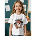 thumbnail image 1 of Girls' Halloween T-Shirt - Soft 100% Cotton Cute Ghosts, Pumpkins, bats & "STaY SPooKY" Graphic Tee, White with Black accents - Perfect for Halloween Party outfits, everyday Fall Wear, 1 of 7