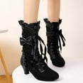 thumbnail image 2 of YLYL Women Vintage Victorian Boots 70s Sweet Bow Mid Heels Lace up Kawaii Witch Mid Calf Boots, 2 of 9