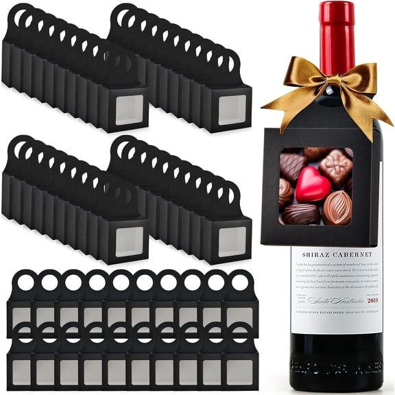 30 PCS Kraft Paper Wine Bottle Boxes with Transparent Window Hanger Foldable Wine Bottle Empty Gift Boxes with Hanger for Valentines Christmas Candy Truffles Chocolate Cookies Packing, Black