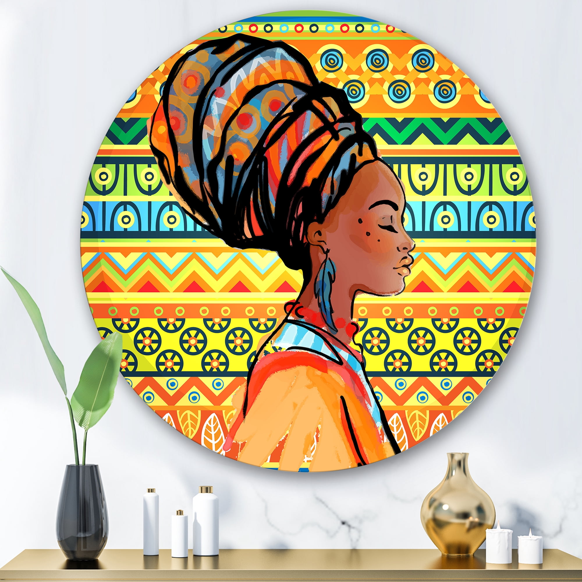 Designart 'African American Woman Portrait with Turban III' Modern Circle Metal Wall Art 29x29 - Disc of 29