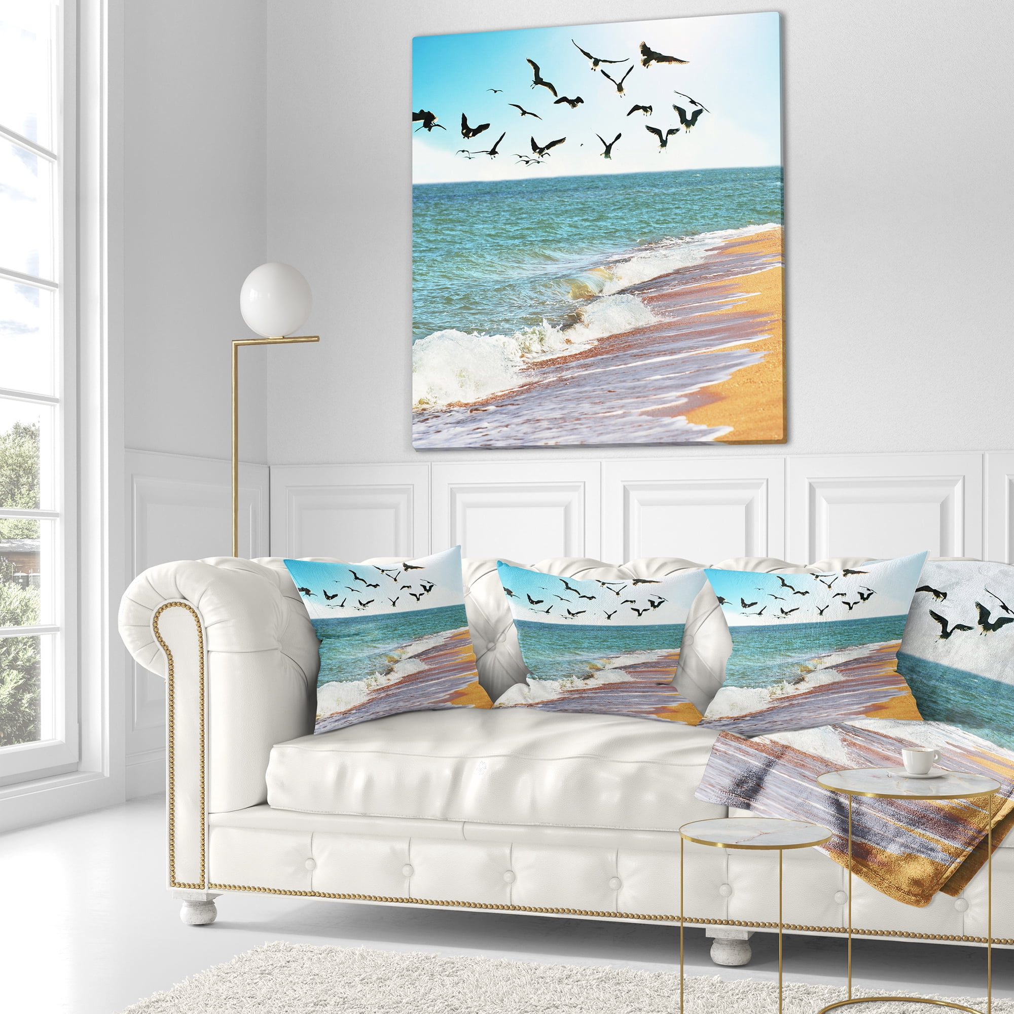 Designart Sea Gulls over the Seashore - Seashore Throw Pillow - 16x16