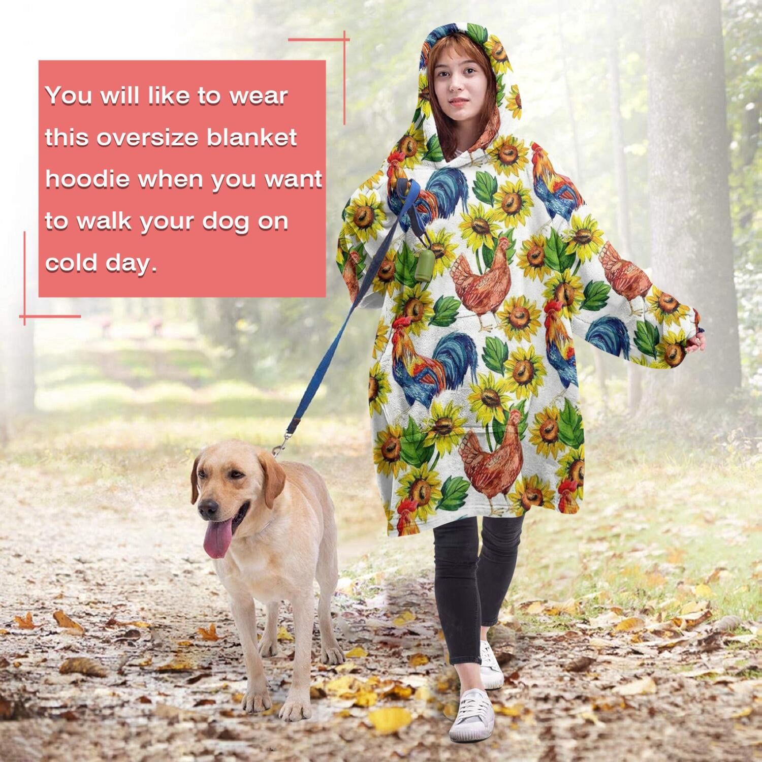 Wearable Oversized Blanket,Sunflower Chicken Pattern Wearable Blanket Hoodie for Adults,Cozy Hooded Blankets with Super Pockets,Super Warm Fuzzy Pullover for Women & Men