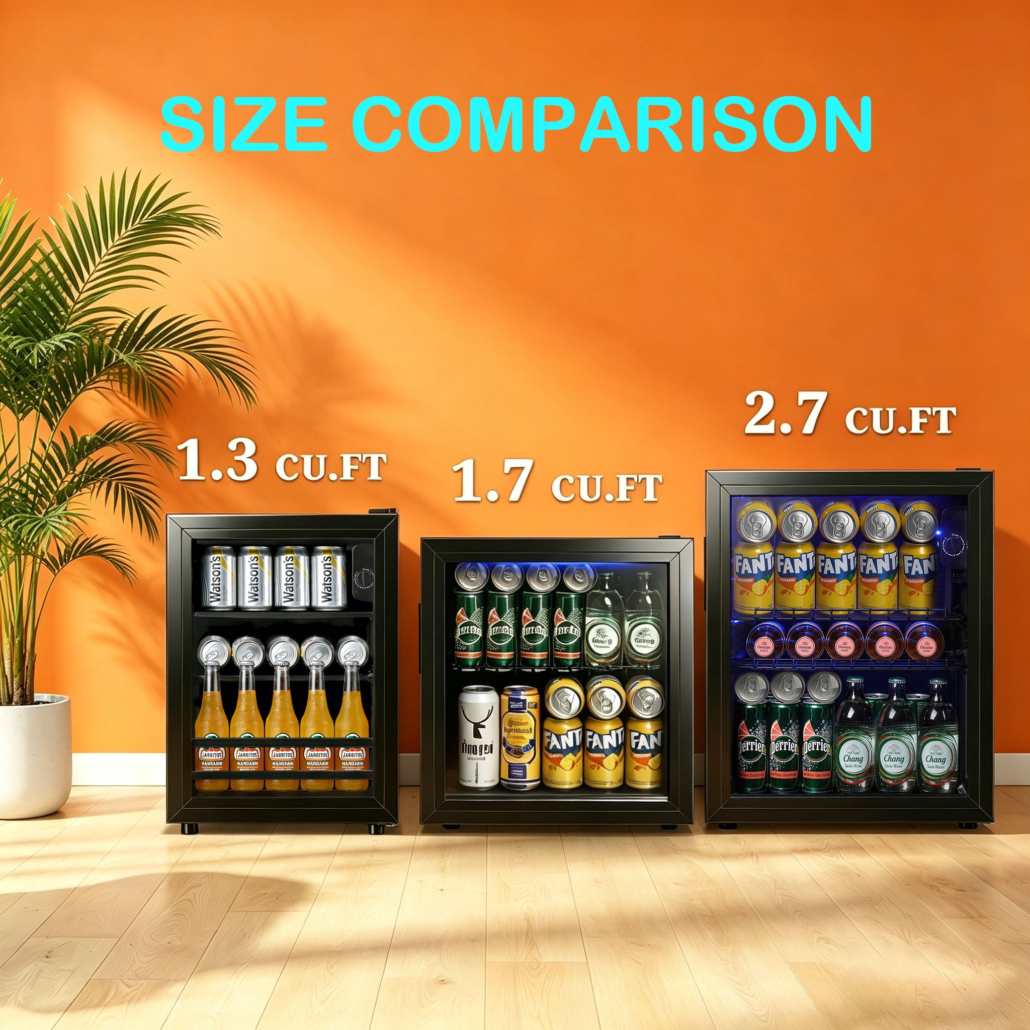 JIEJIA Beverage Refrigerators 58-Can Small Mini Fridge Glass Door, Removable Shelves for Soda Beer or Wine, 1.7 Cu.ft