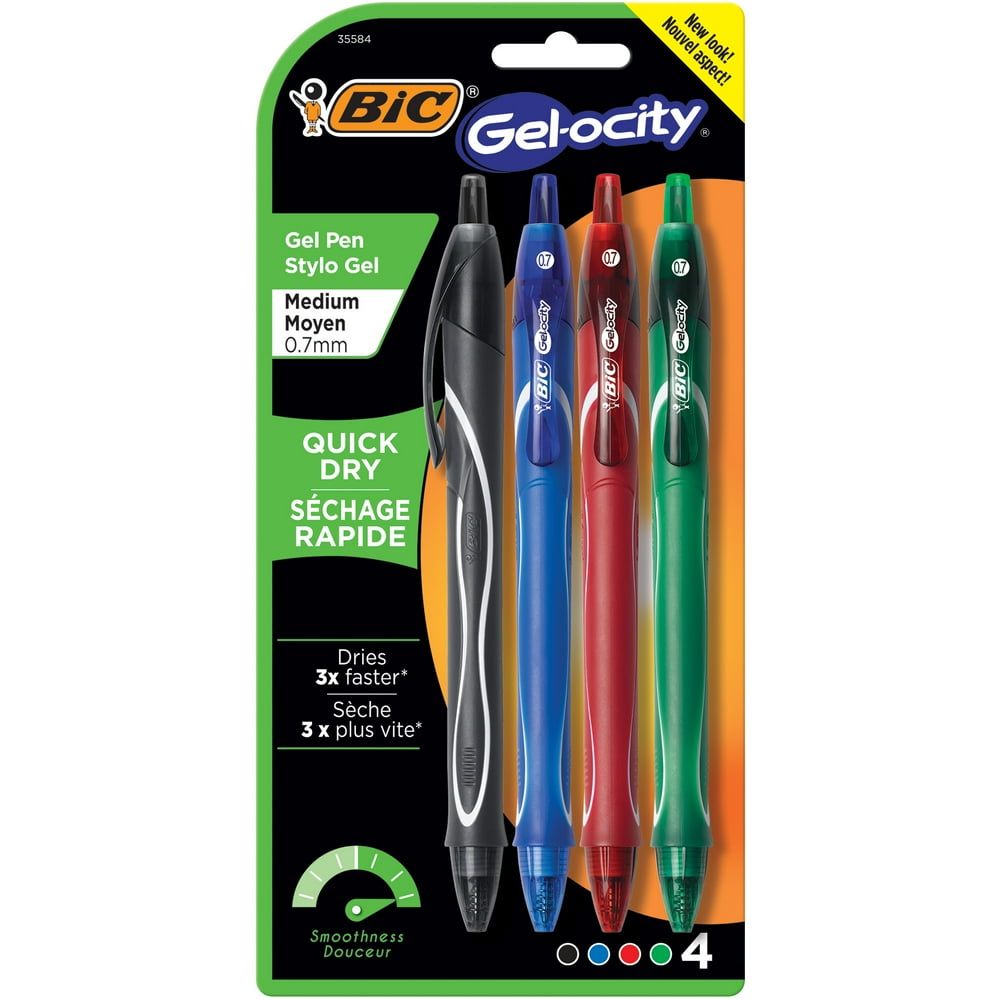 BIC Gelocity Quick Dry Retractable Gel Pen, Medium Point (0.7 mm), Assorted Colors, 4 Count