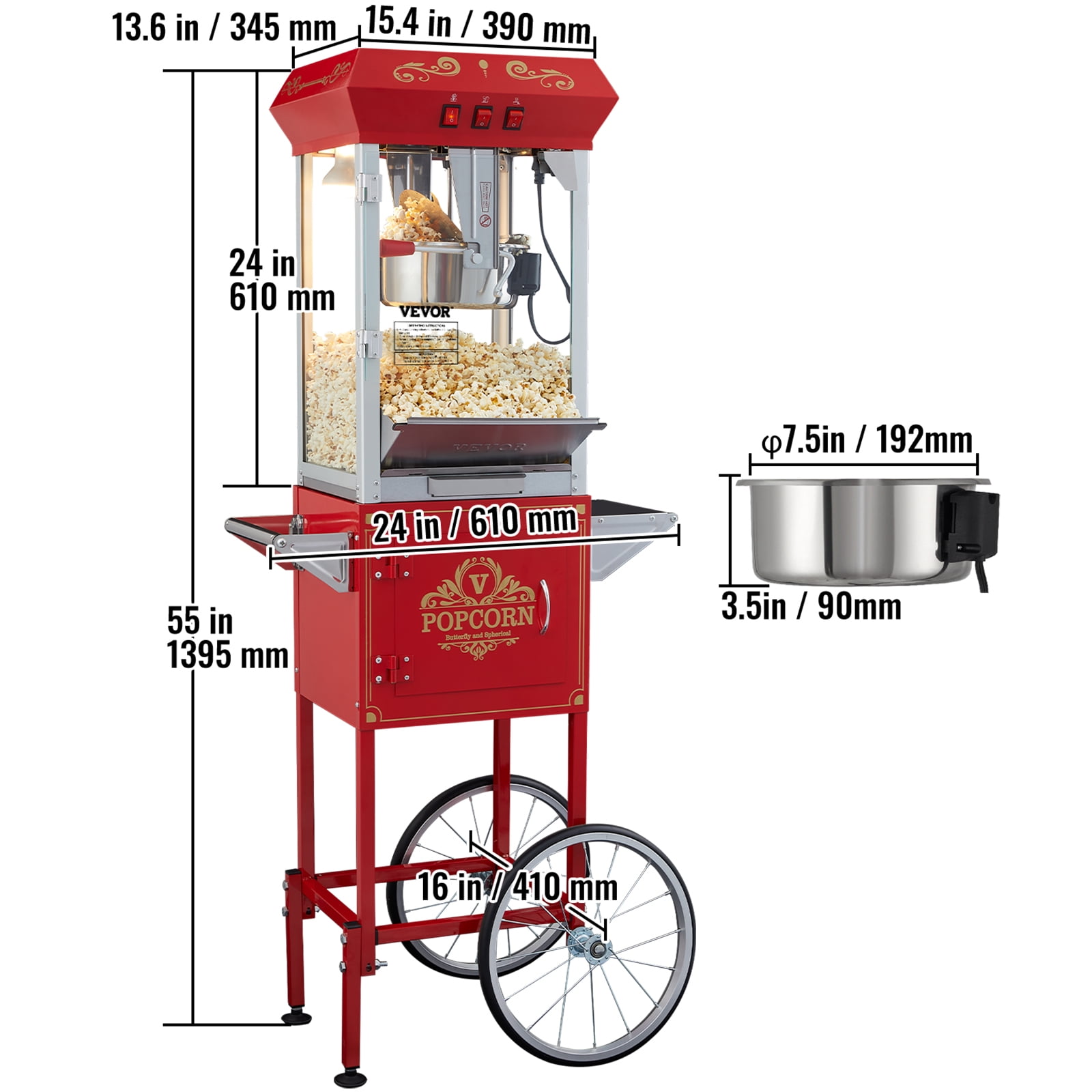 VEVOR Popcorn Maker with Cart, 850W Popcorn Popper Machine, 8 Oz Kettle Makes 48 Cups per Batch, Popcorn Maker Equipped with Tempered Glass, Includes 4 Scoops