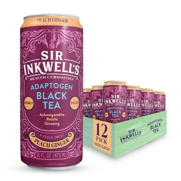 Sir Inkwell's Adaptogen Black Tea, Peach Ginger, Healthful Energy 150 mg Caffeine, 12 Pack, 16 oz