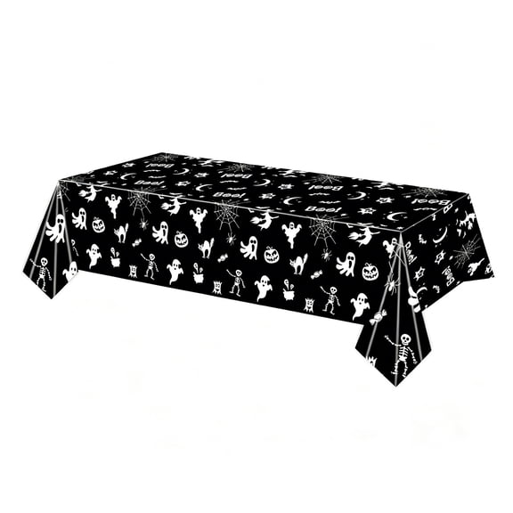 XIA0LE Halloween Plastic Tablecloth 54"X 108" Funny Dancing Skeleton Table Cover Black White Disposable Table Cloth For Halloween Party Dining Home Decor