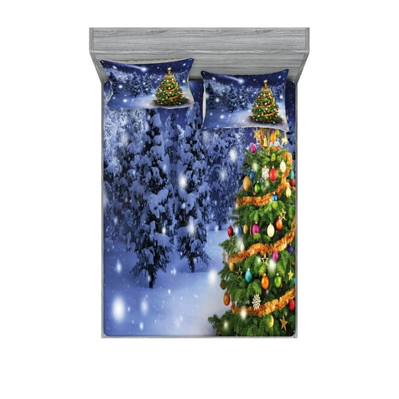 Ambesonne Christmas Fitted Sheet & Pillow Sham Set, Elf Noel Theme Winter, Full, Multicolor