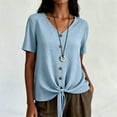 thumbnail image 5 of ClodeEU Women's V Neck Button Short Sleeve Top, Front Self Tie Knot Waist Solid Casual Blouse Light Blue,Women's Plus XL, 5 of 6