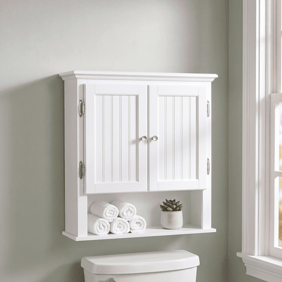 PAWON Wall Mounted Bathroom Cabinet with Doors and Open Shelf, Wooden Over The Toilet Hanging Storage Organizer, White