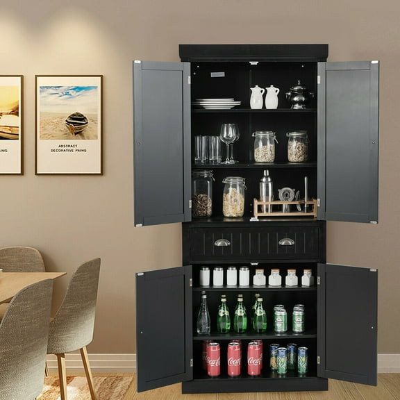 Gymax Freestanding Kitchen Cabinet Pantry Cupboard w/Adjustable Shelves Black