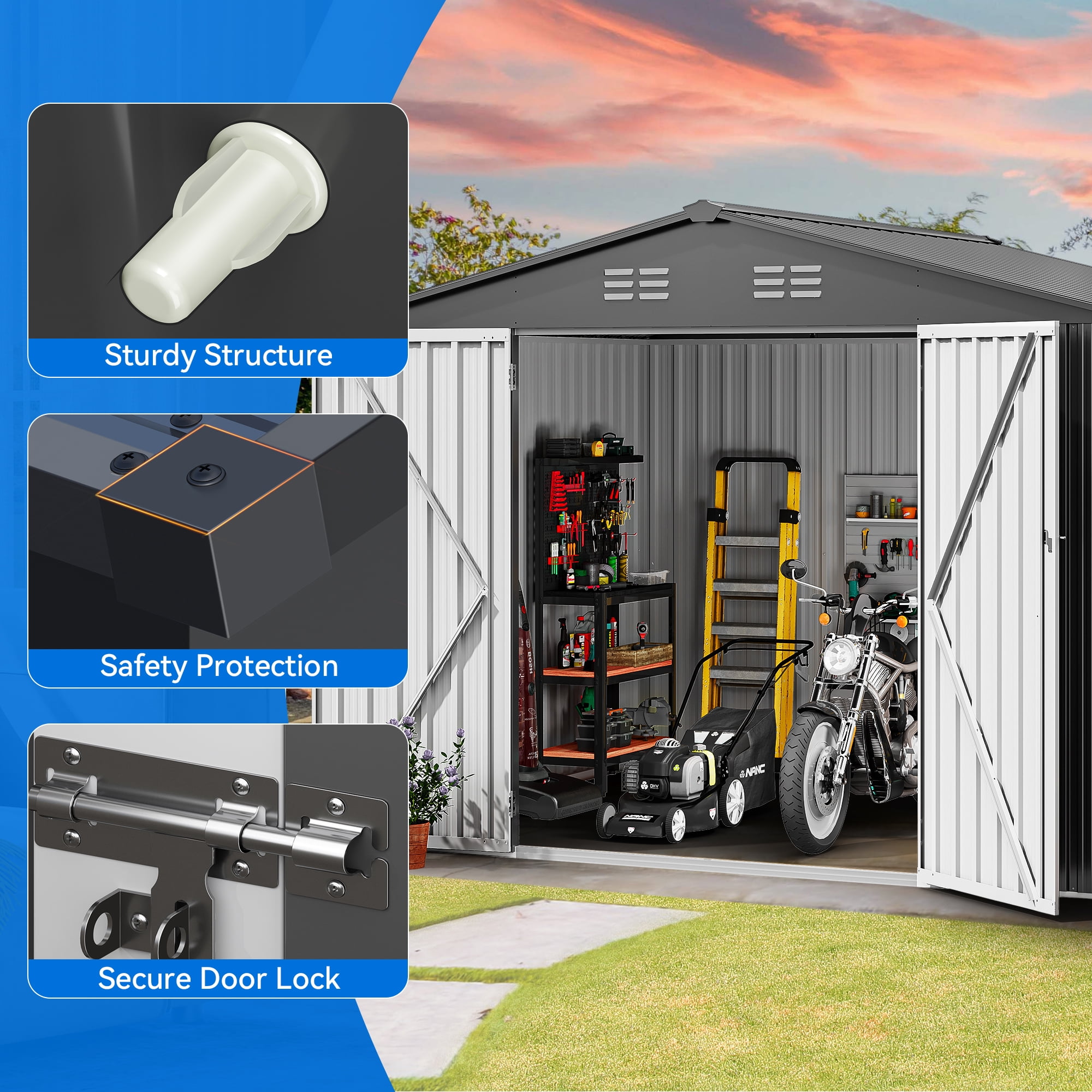 Dextrus 10x8ft Large Metal Outdoor Storage Shed, Heavy Duty Tool Storage Sheds House with Lockable Doors & Air Vent，Waterproof