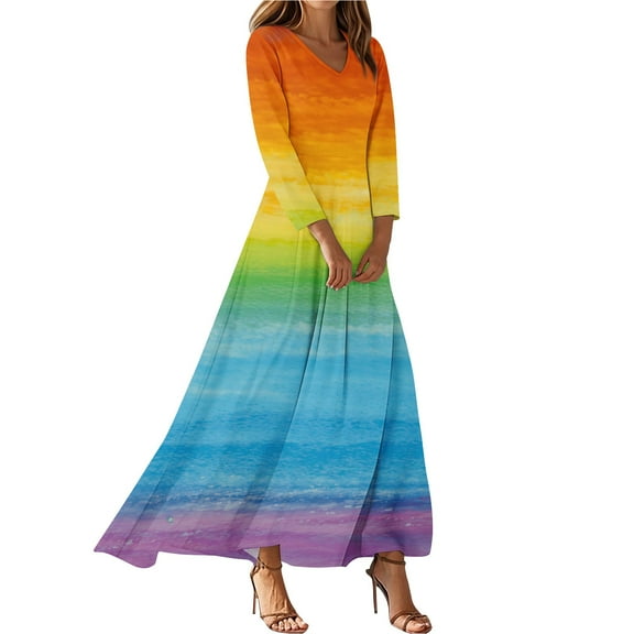 Dresses For Womens Vintage Flower Tunic Waisted Midi Dress Summer Casual 3/4 Sleeve Dress High Waist A Line Flowy Printed Long Dresses