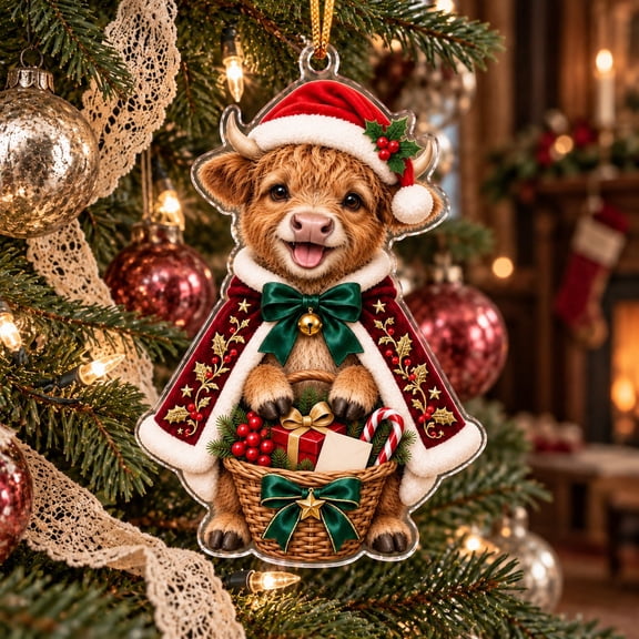 Cow Christmas Acrylic Ornament, Santa Hat Tree Hanging for Farm Animal Lovers