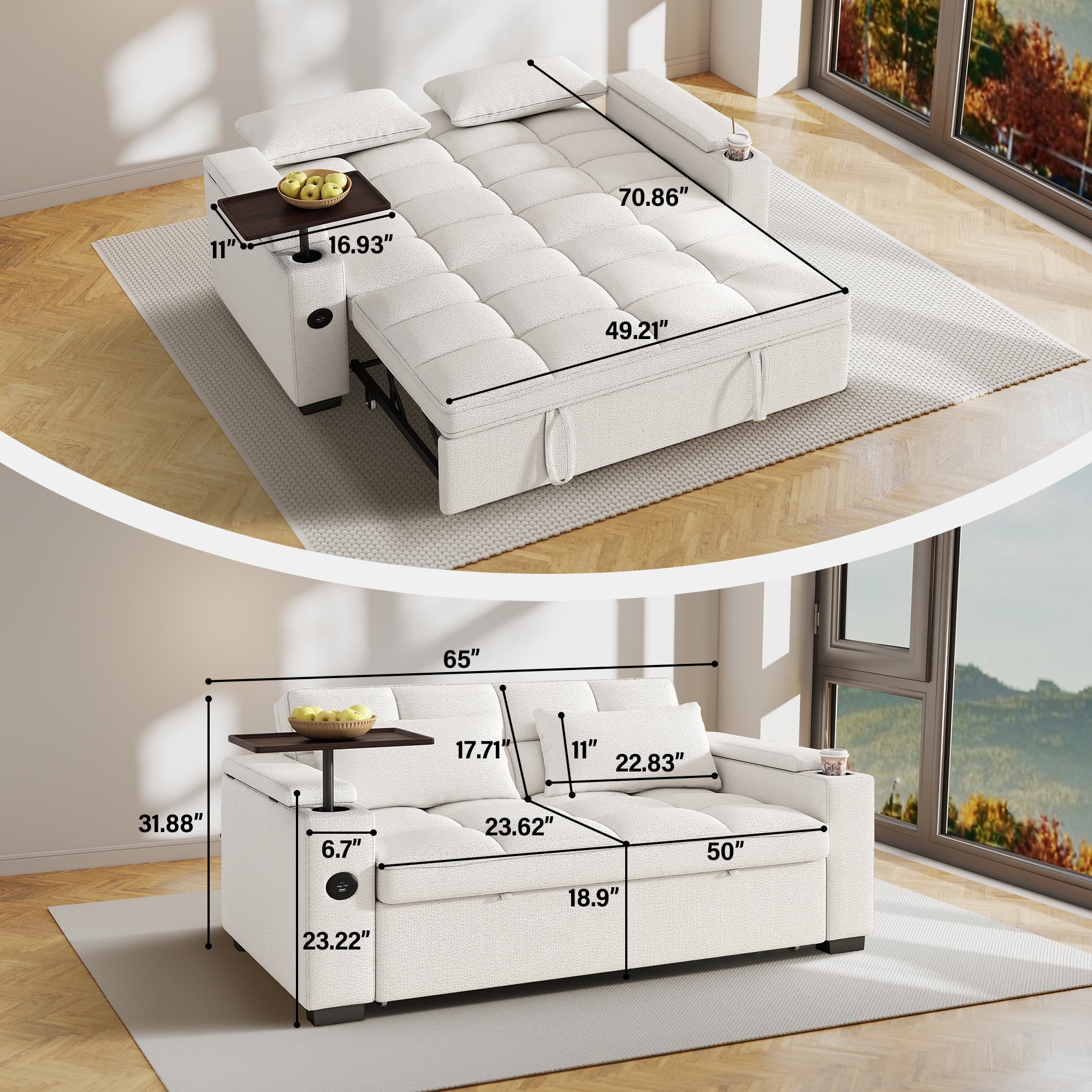 Aukfa 65"W Convertible 3-in-1 Sofa Bed with Storage, Queen Chenille Sleeper Couch with USB/Type-C Ports & Rotating Side Table,Beige