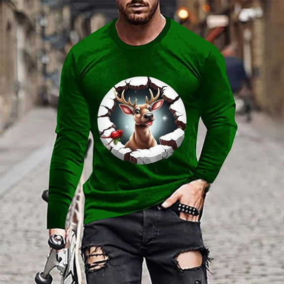 BXJX Men's Christmas Print Shirts- Fashion Holiday Casual Loose Fit Long Sleeve Crewneck Top Green Size L