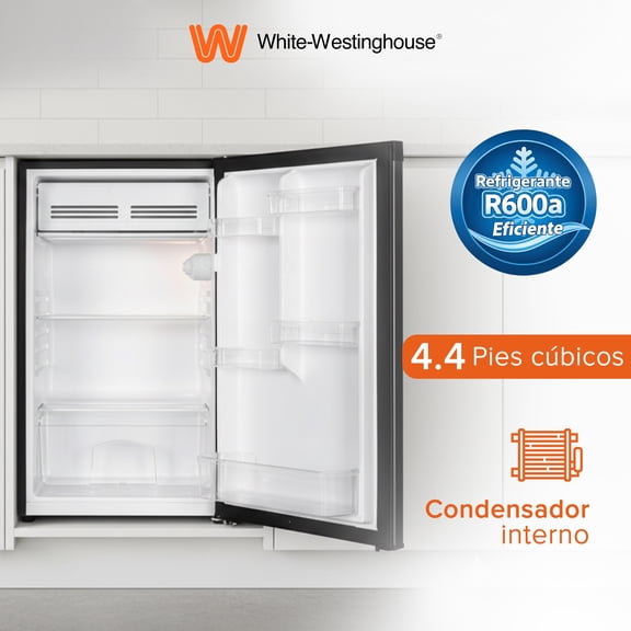 White Westinghouse  Refrigerador Frigobar 4.4 pies 124L  Modelo WWCR44124LHS  Control mecánico de temperatura  Puerta reversible y Luz interior  Condensador interno  Pata ajustable