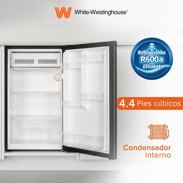 White Westinghouse Refrigerador Frigobar 4.4 pies 124L Modelo WWCR44124LHS Control mecánico de temperatura Puerta reversible y Luz interior Condensador interno Pata ajustable