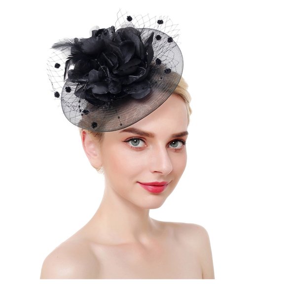 Flower Mesh Ribbons Feathers Headbands for Women Cocktail Tea Party Hat Headwear Elegant Stylish Retro Headband 1 PC Black one size