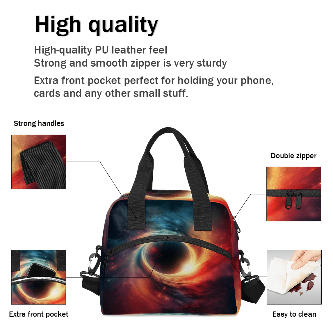 Herdesigns Galaxy Insulated Lunch Bag for Women Men Adults Large Reusable Lunch Box Planets Universe Space Leakproof Cooler Tote Bags with Adjustable Shoulder Strap