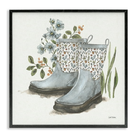 Stupell Industries Floral Gardening Boots Botanical & Floral Painting Black Framed Art Print Wall Art, 12 x 12