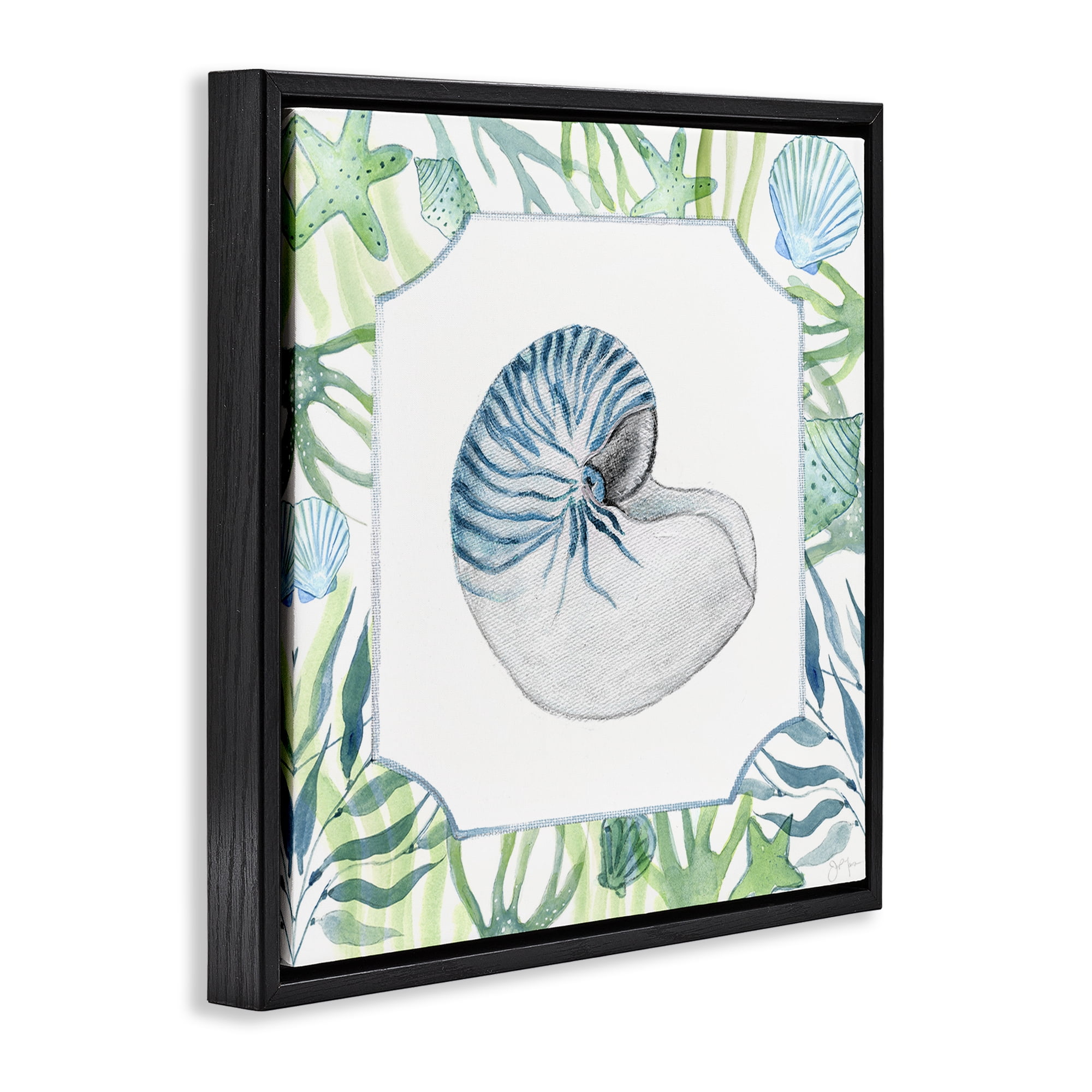 Stupell Industries Seaweed & Seashells Aquatic Black Framed Floater Canvas Wall Art, design by Janet Tava