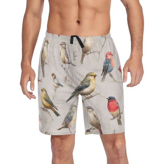 Men’s Sleep Shorts Relaxed Fit Lounge Pants with Pockets Mens Pajama Loungewear Home Wear Comfort Birds Pattern Small