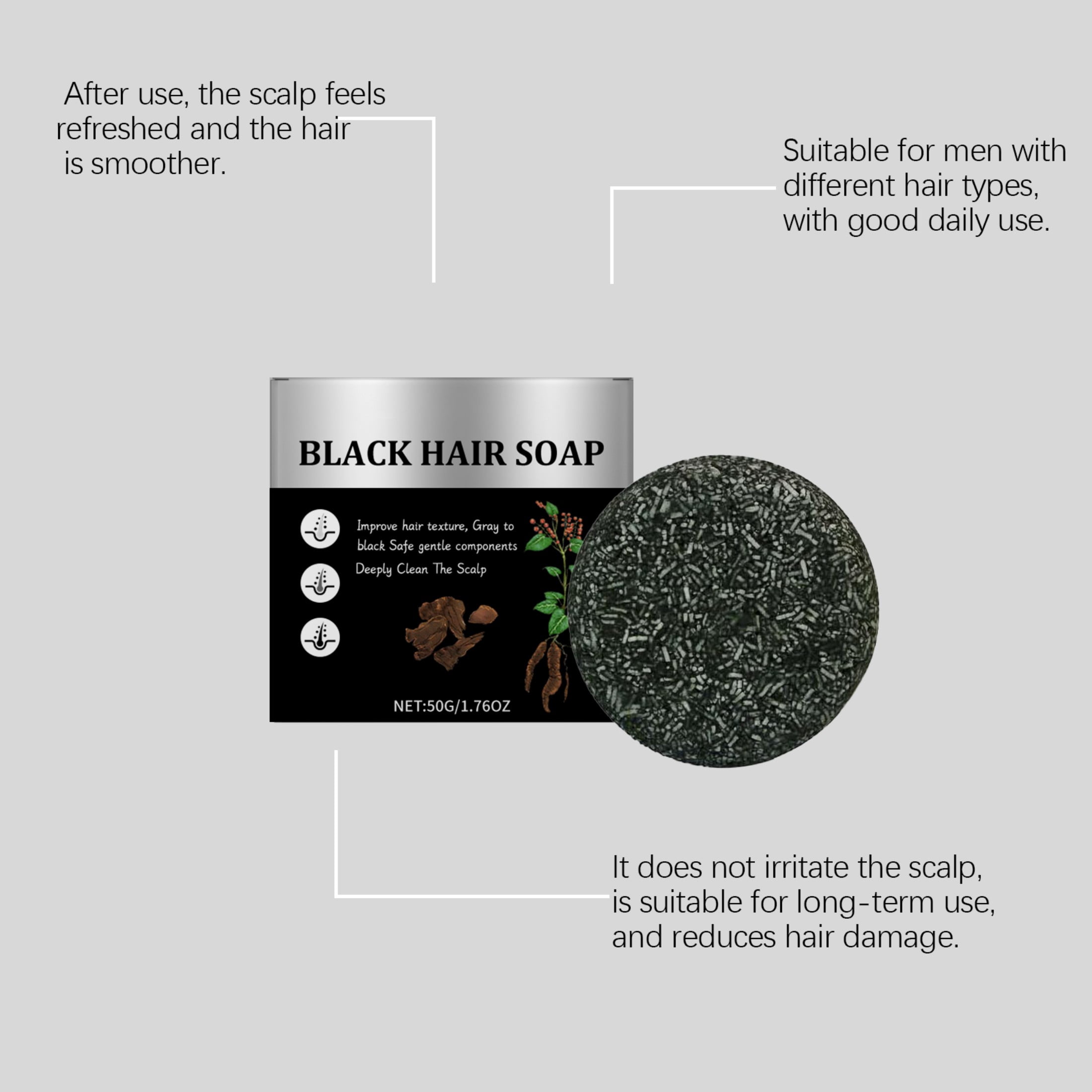 Alvantor Charcoal Soap for Men, Shampoo Bar for Gray Hair, 1.76oz