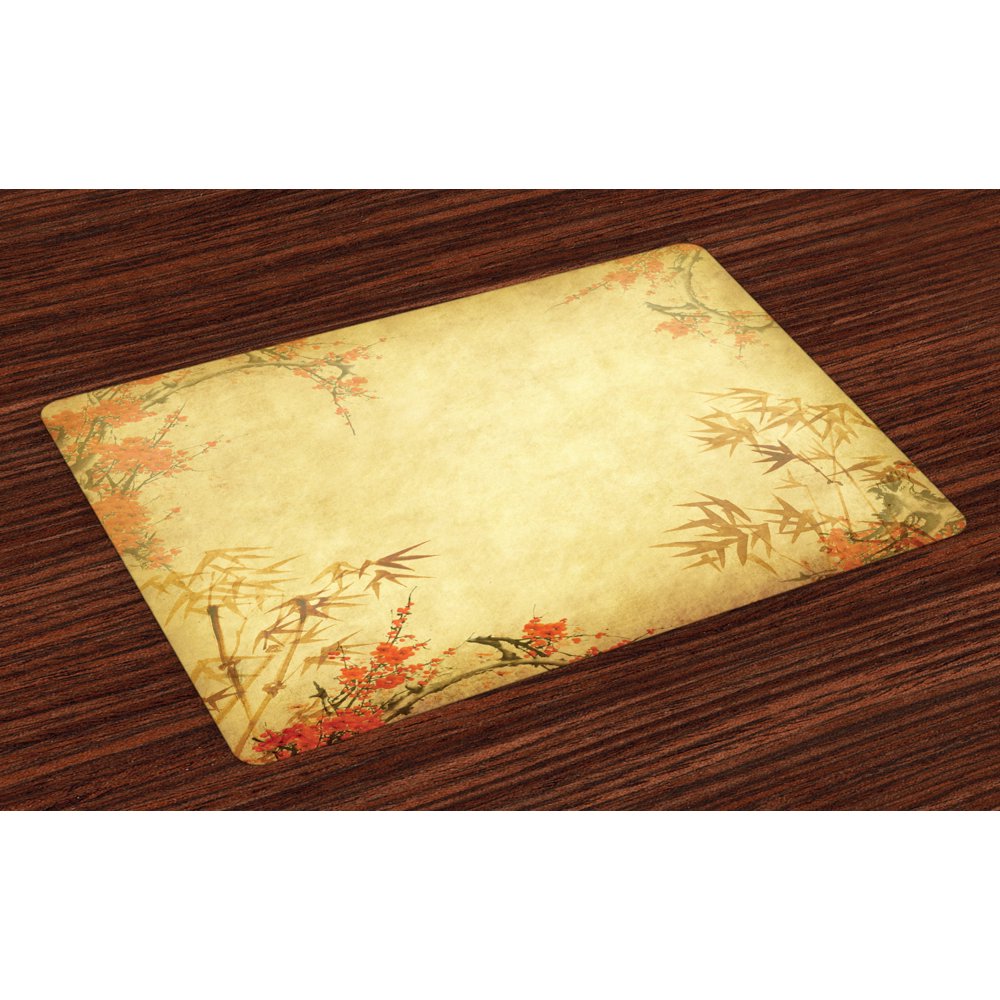 Bamboo Placemats Set of 4 Bamboo Stems and Blooming Flower Antique Grunge Background Oriental