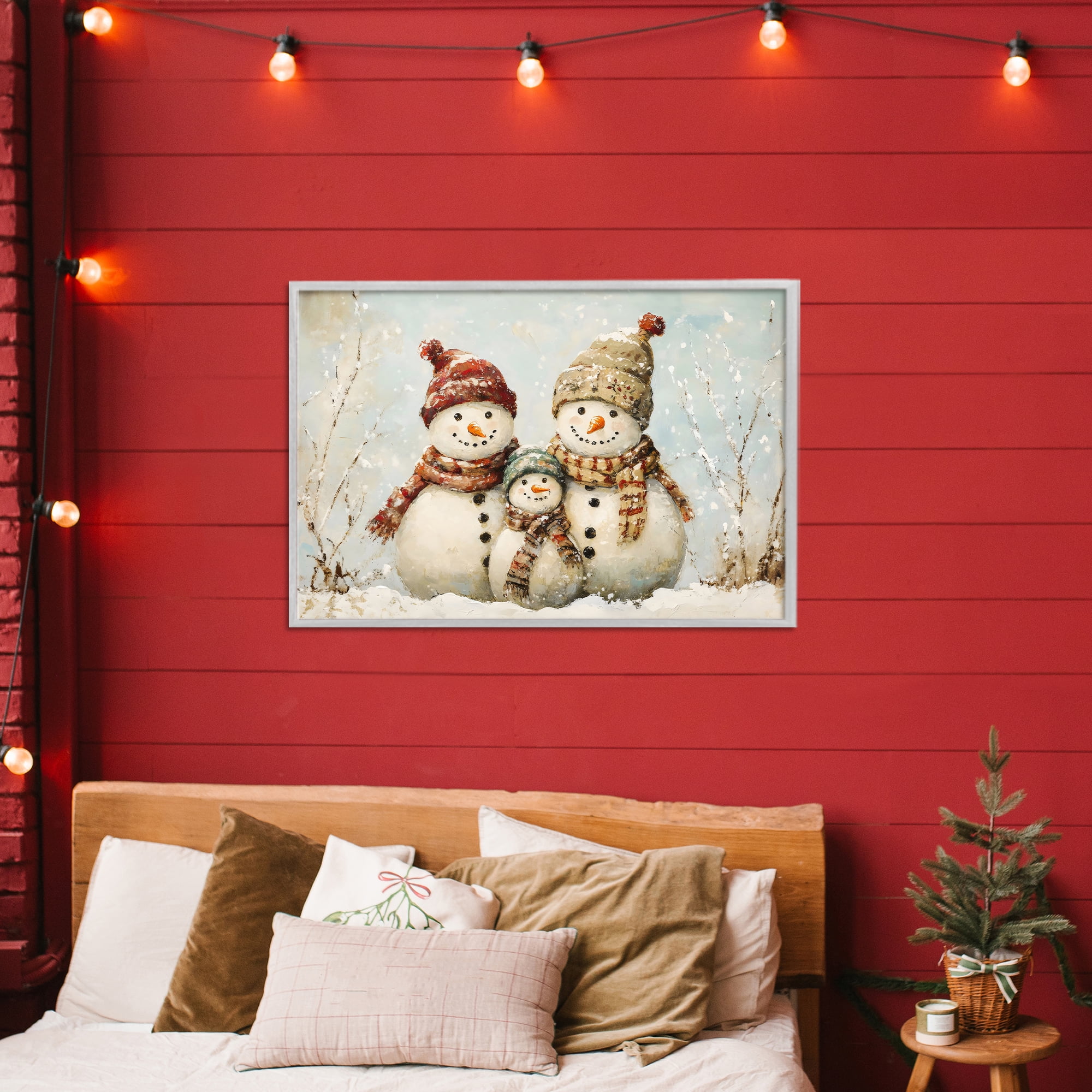 Snowman Family Of Three Gray Framed Giclee Art, design by Petal Prints Design